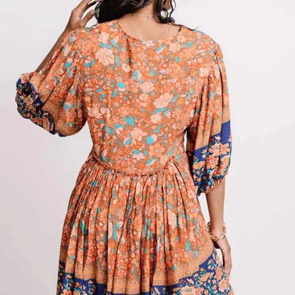 Cezele Womens Boho Floral Vneck Midi Dress Country Western Festival Tunic Small - Picture 6 of 16